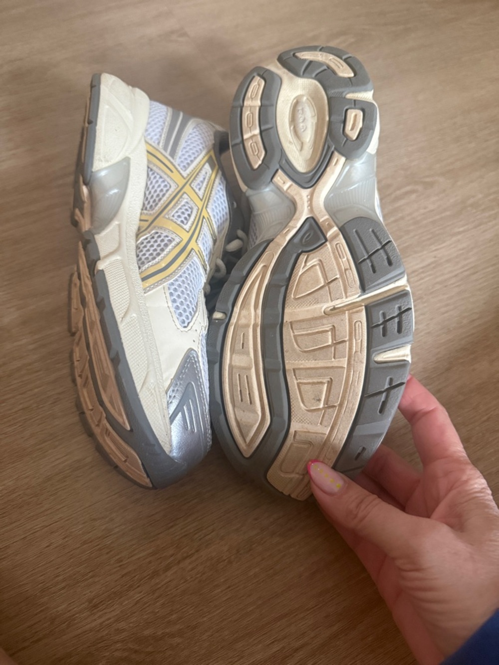 Asics White, Gray & Pale Yellow Running Shoes - Picture 3 of 3